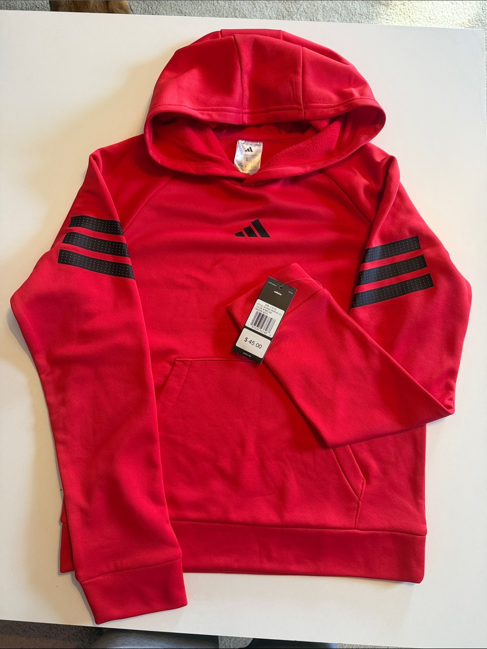 adidas Red Hoodie with Black Sleeve Stripes - Kids